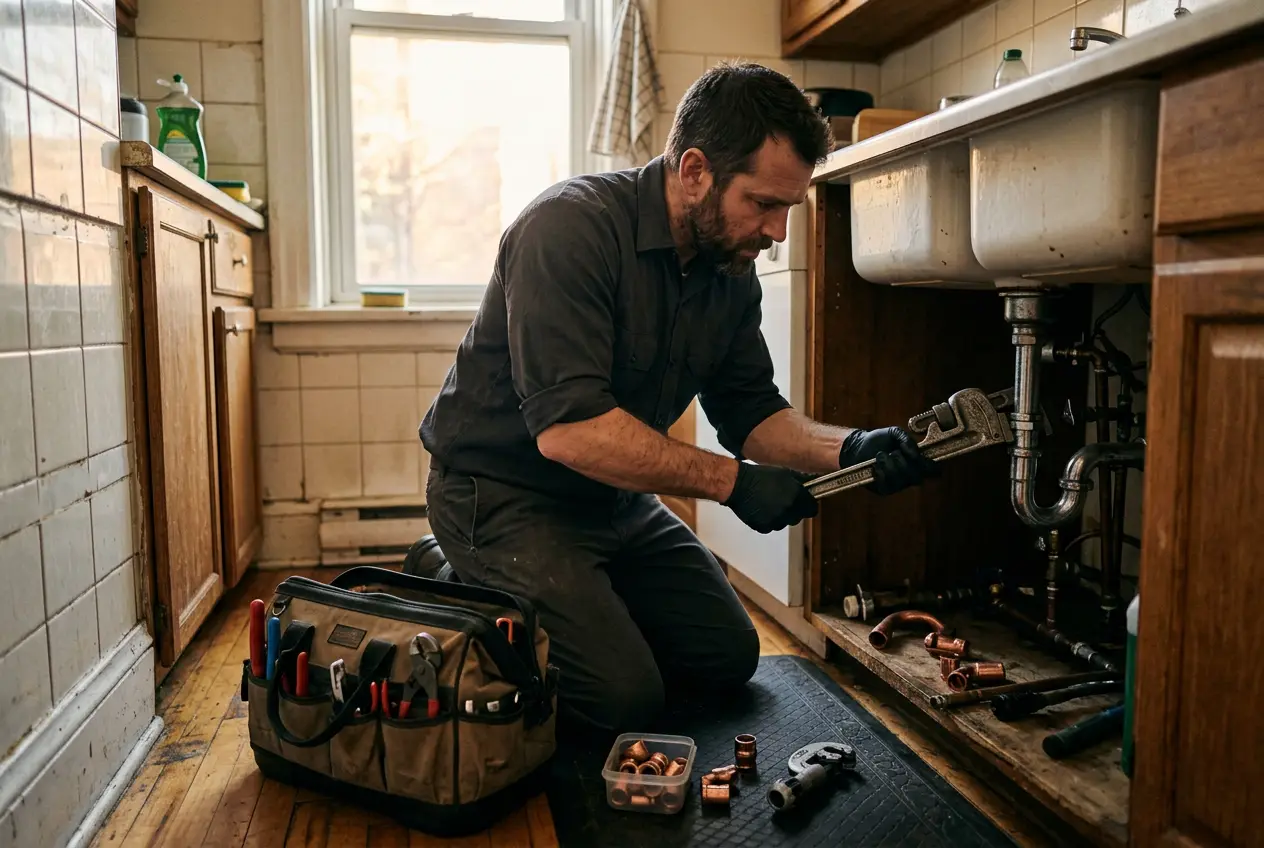 Plumber tightening a compression fitting under a kitchen sink in a Montreal apartment
