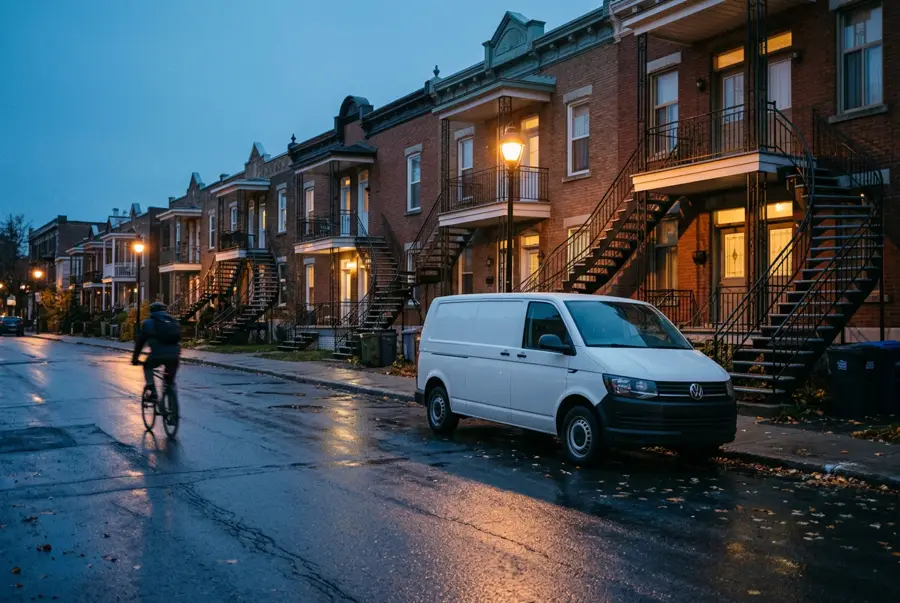 Service van parked on a residential Montreal street lined with brick triplexes